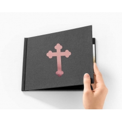 Napis Emblemat na ksiegę gości album do zdjęć krzyż różowe złoto, dekoracja na Komunię Świętą Chrzest Święty